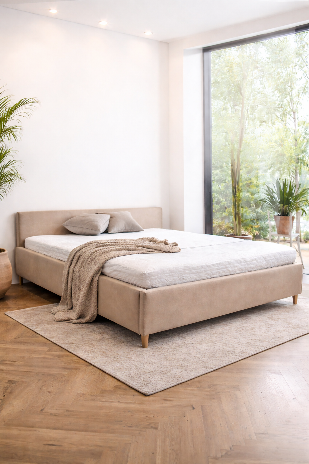 Łóżko Sahara 160x200 – beżowe, minimalistyczna sypialnia
