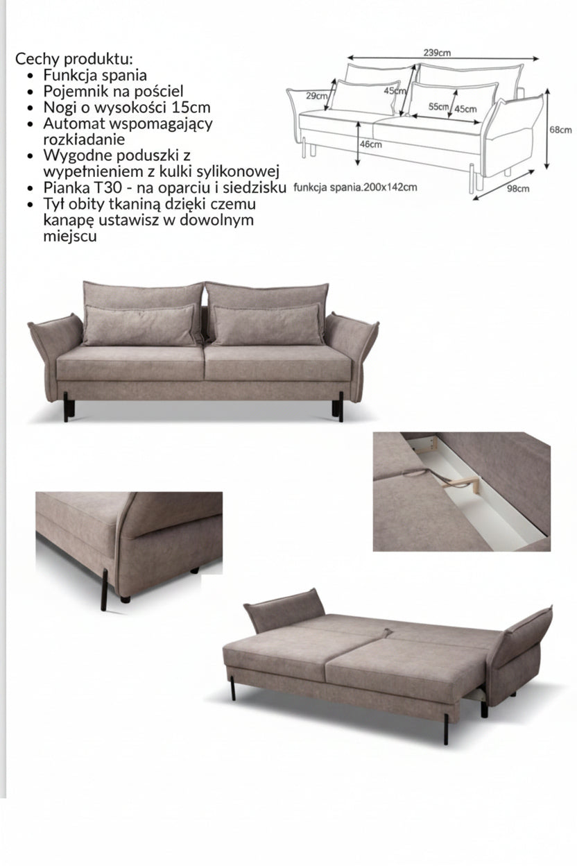 Sofa Mila z funkcją spania i pojemnikiem | Nowoczesna kanapa 239 cm