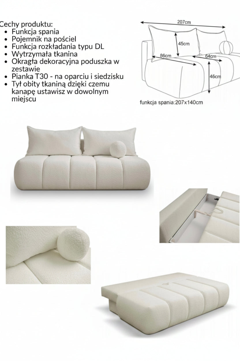 Sofa SOFIA BOUCLE z funkcją spania | Nowoczesna kanapa 207 cm | Pojemnik na pościel | Kasia Meble