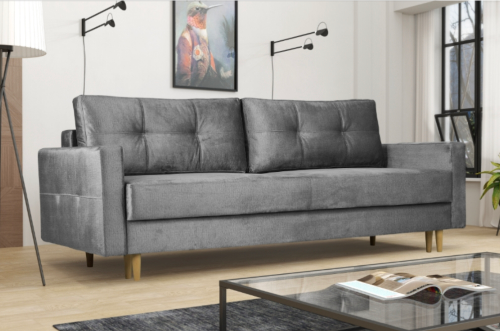 Sofa Singrid 227 – rozkładana kanapa z funkcją spania DL, pojemnik, styl skandynawski