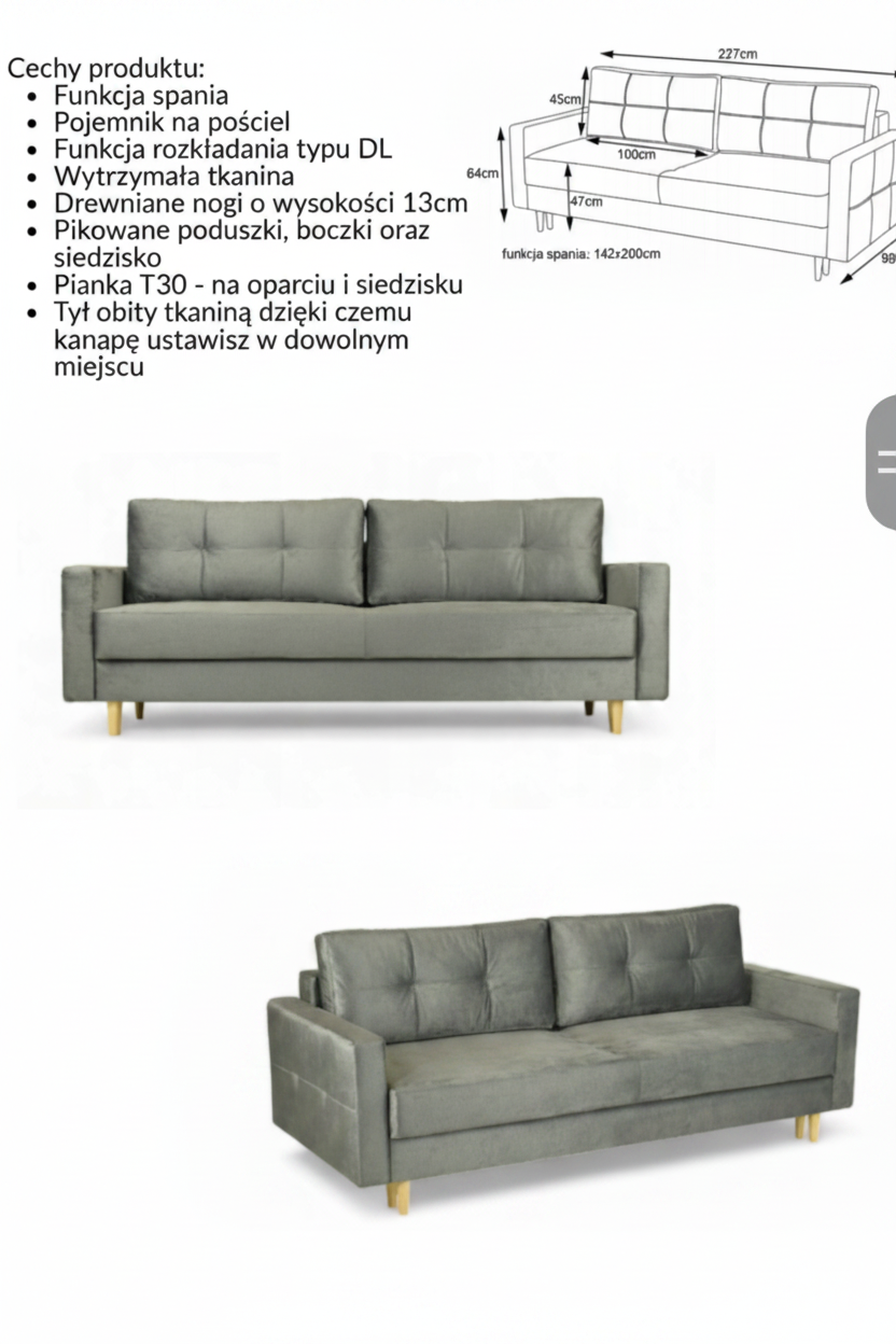 Sofa Singrid 227 – rozkładana kanapa z funkcją spania DL, pojemnik, styl skandynawski
