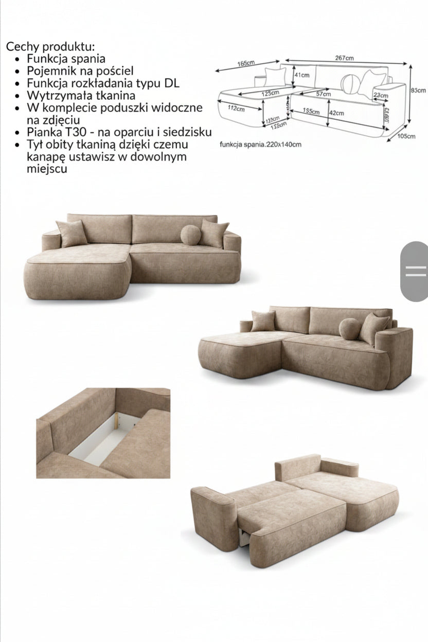 Narożnik COMFORT z funkcją spania i pojemnikiem na pościel