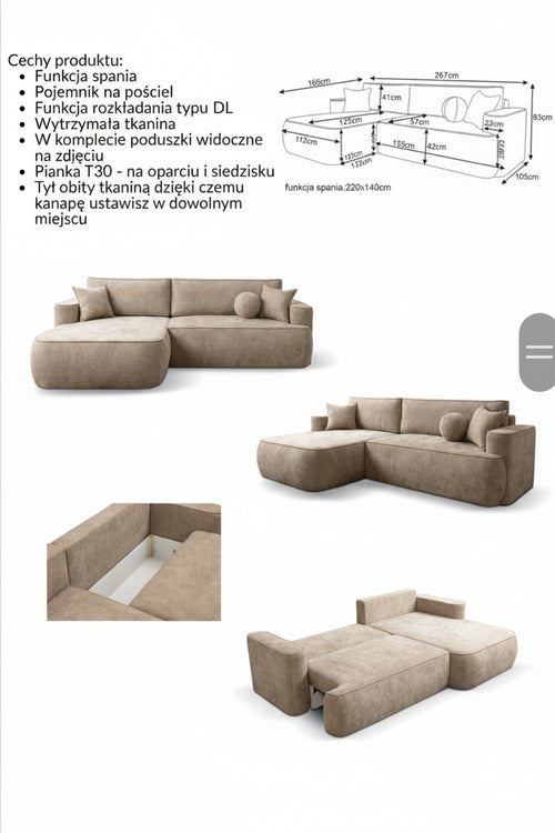 Narożnik COMFORT z funkcją spania i pojemnikiem na pościel